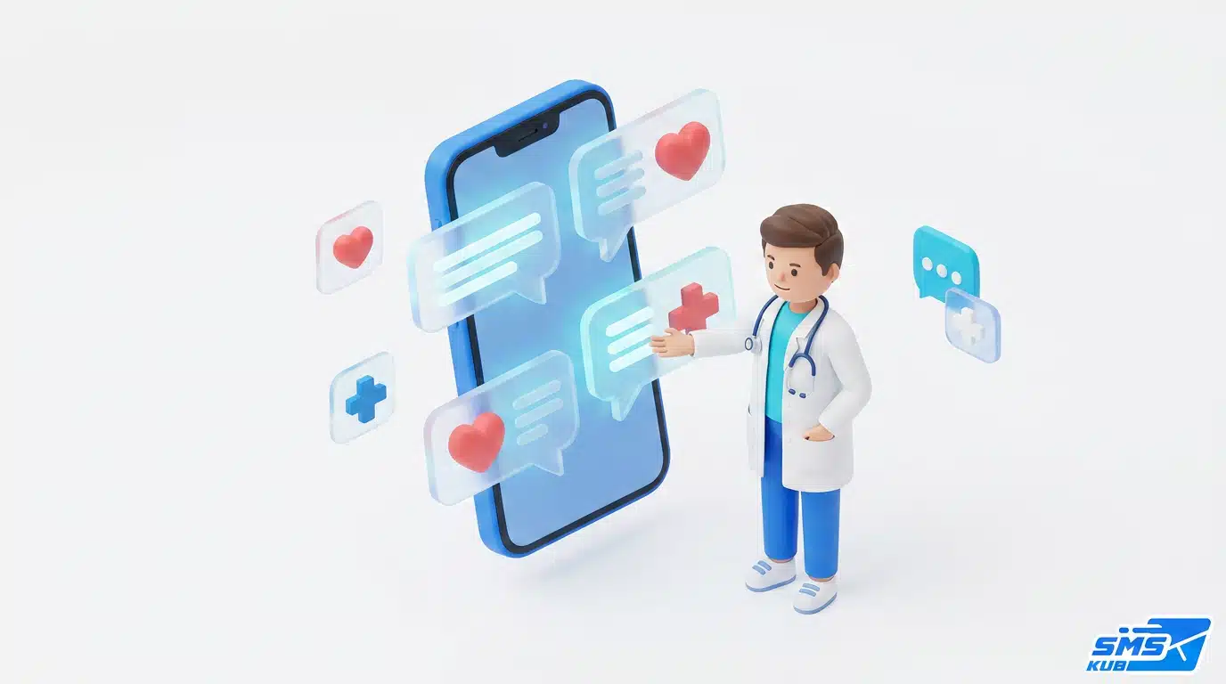 กราฟิก 3D คุณหมอยืนข้างสมาร์ทโฟนแสดงข้อความ SMS Service และไอคอนหัวใจสำหรับการดูแลผู้ป่วย