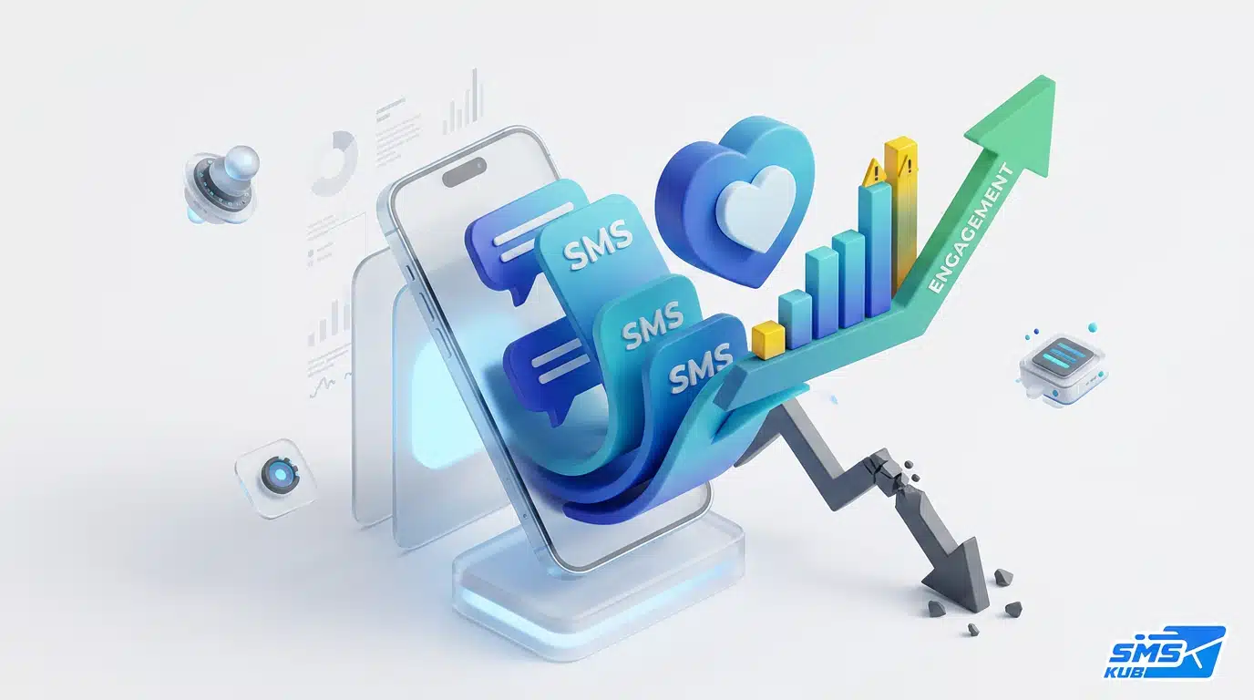 สมาร์ทโฟนมีข้อความ SMS ลอยสู่ลูกศรสีเขียวพุ่งขึ้นที่ระบุคำว่า Engagement พร้อมไอคอนหัวใจทำลายกราฟขาลงสีดำ