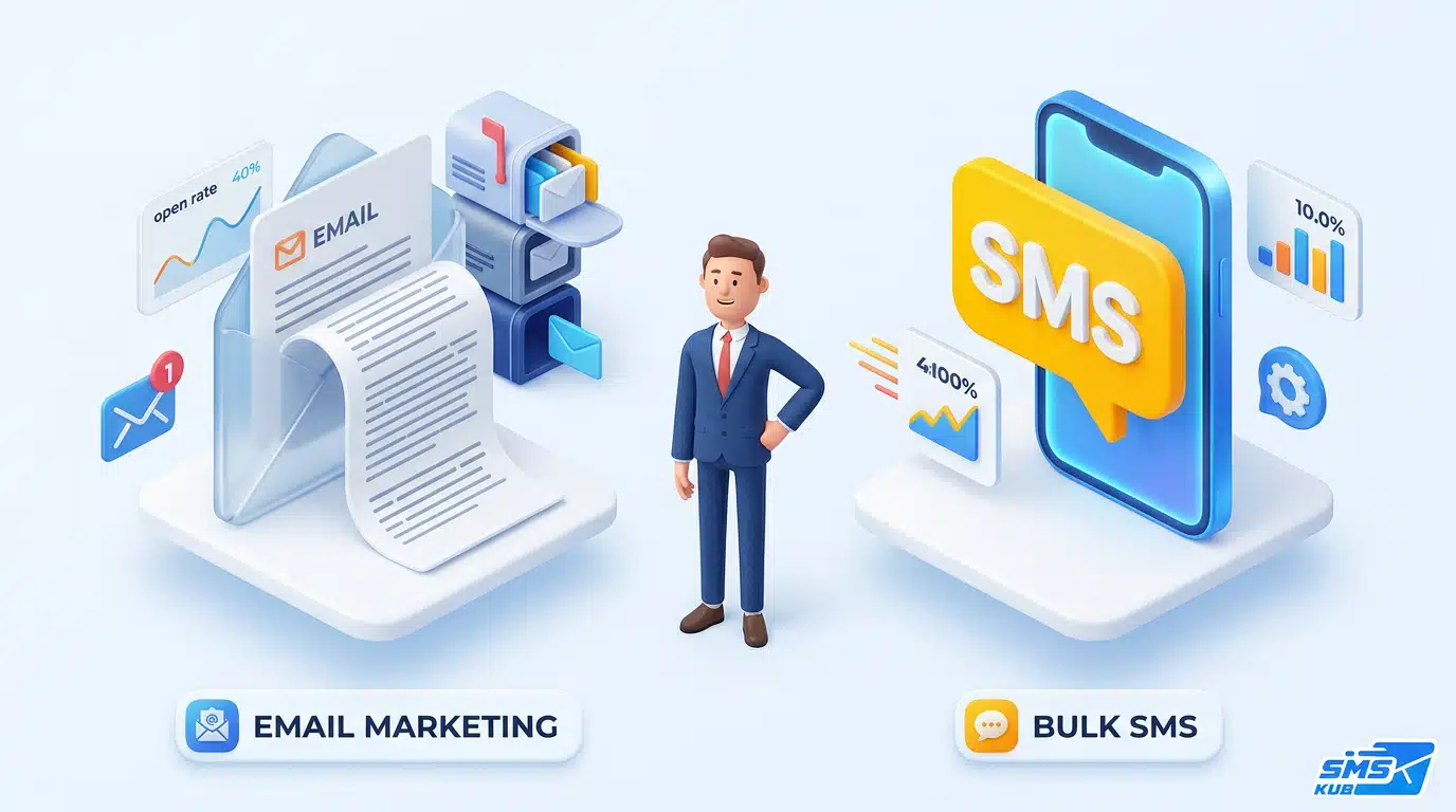ชาย 3 มิติยืนเปรียบเทียบการทำ Email marketing ที่มีซองจดหมายและกราฟ กับ Bulk SMS บนหน้าจอสมาร์ทโฟน