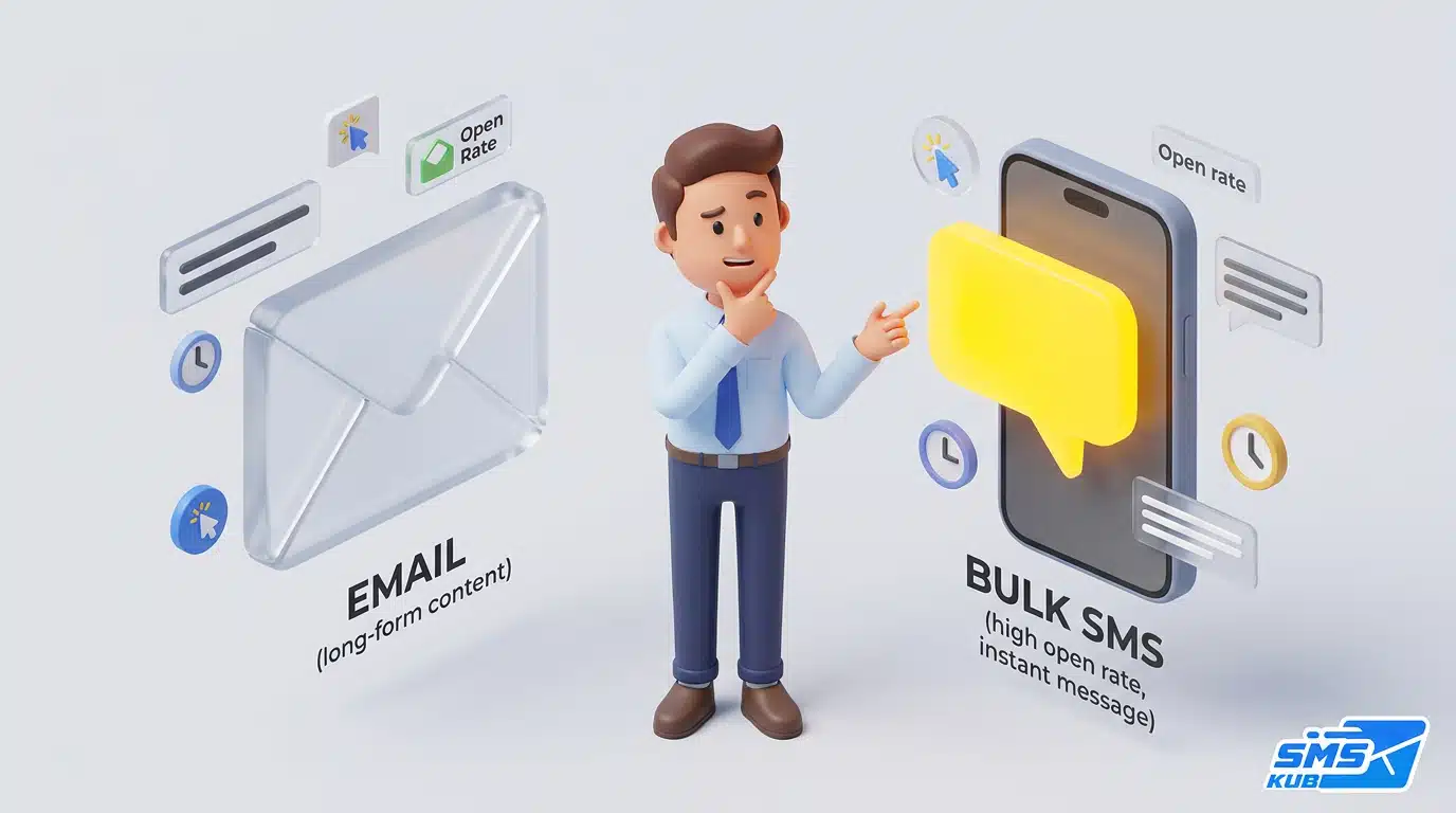 ชาย 3 มิติยืนวิเคราะห์ข้อแตกต่างระหว่าง Email marketing ไอคอนซองจดหมาย และ Bulk SMS บนหน้าจอสมาร์ทโฟน