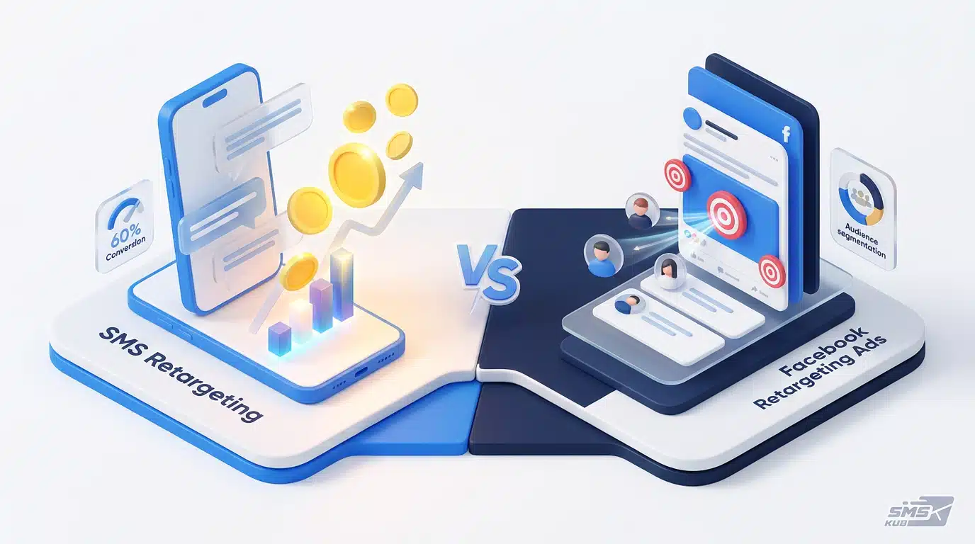 กราฟิก 3D เปรียบเทียบ SMS Retargeting ที่มีอัตรา Conversion สูง กับ Facebook Retargeting Ads ที่เน้นเจาะกลุ่มเป้าหมาย