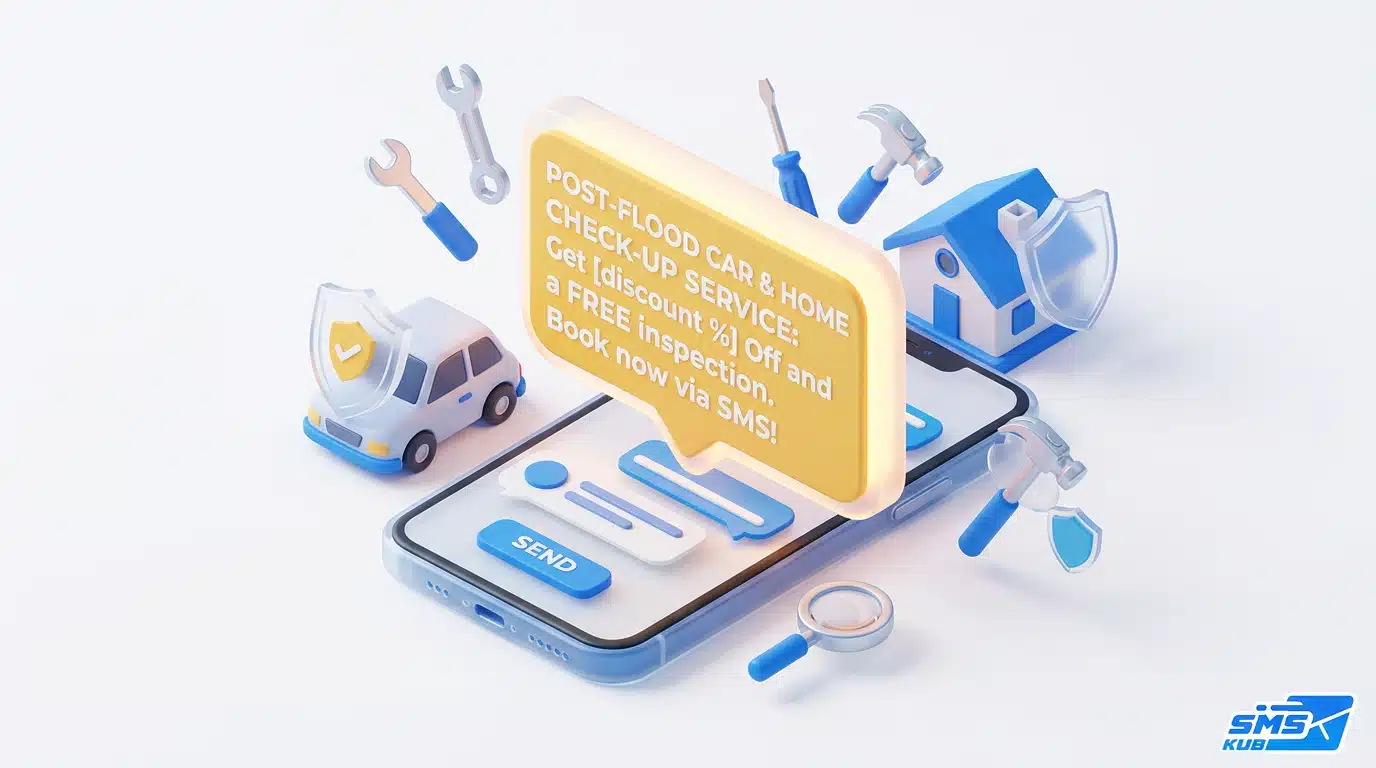 กราฟิก 3D สมาร์ตโฟนแสดงข้อความโปรโมชัน SMS ตรวจเช็กสภาพรถและบ้านหลังน้ำท่วม พร้อมไอคอนเครื่องมือช่าง รถยนต์ และบ้าน