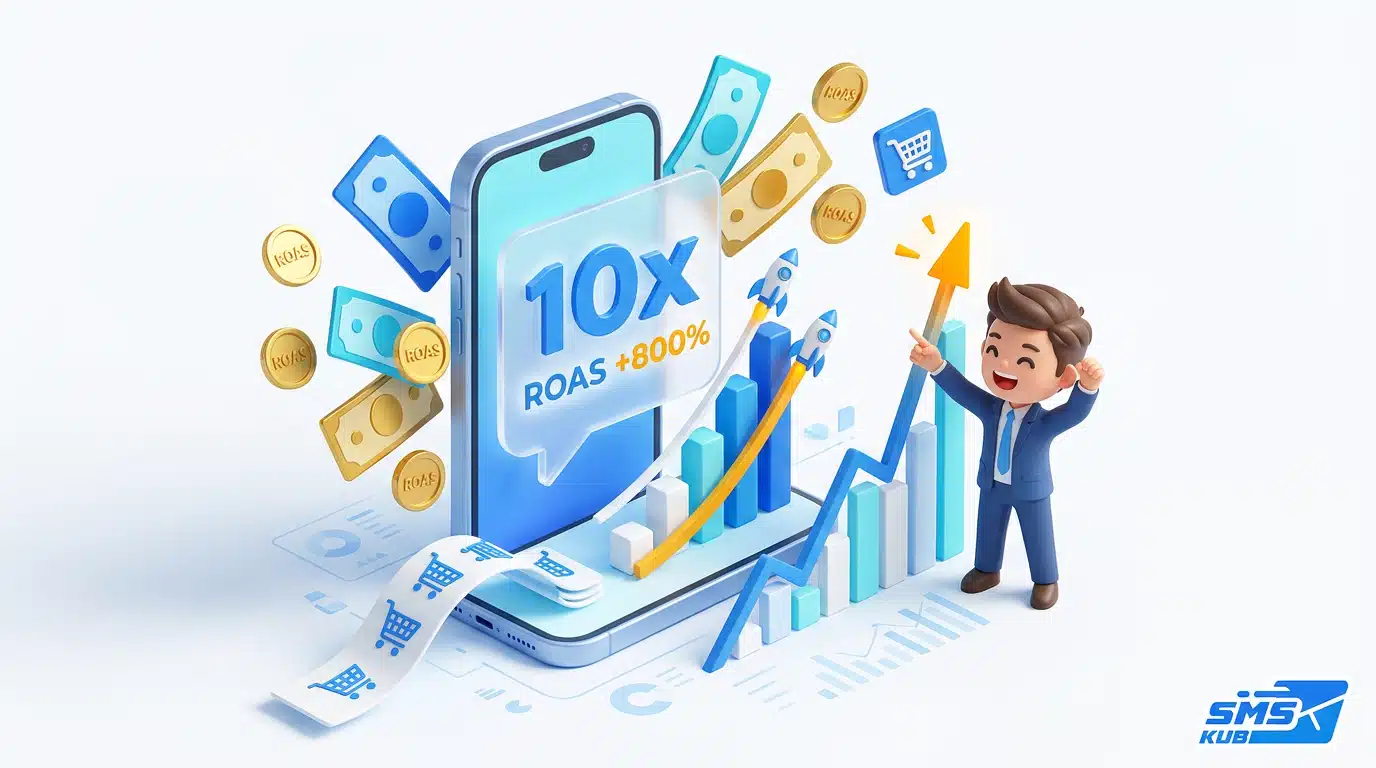 กราฟ 3D แสดงผลตอบแทน ROAS เพิ่มขึ้น 10 เท่า พร้อมตัวการ์ตูนนักธุรกิจและระบบ SMS ปิดการขายเพิ่มยอด