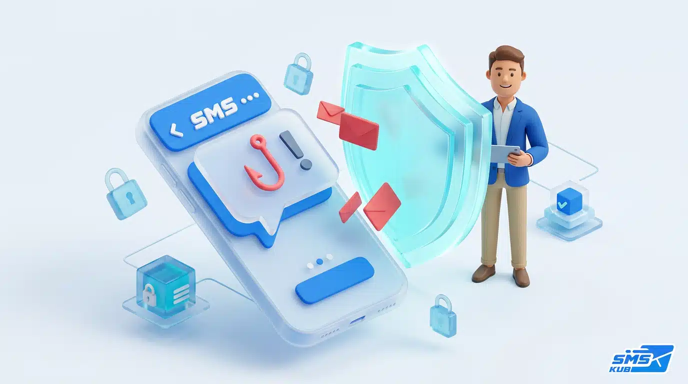 ภาพ 3 มิติแสดงความหมายว่า Phishing คืออะไร ผ่านหน้าจอสมาร์ทโฟนที่มีข้อความ SMS รูปเบ็ดตกปลา และโล่ป้องกันภัยไซเบอร์