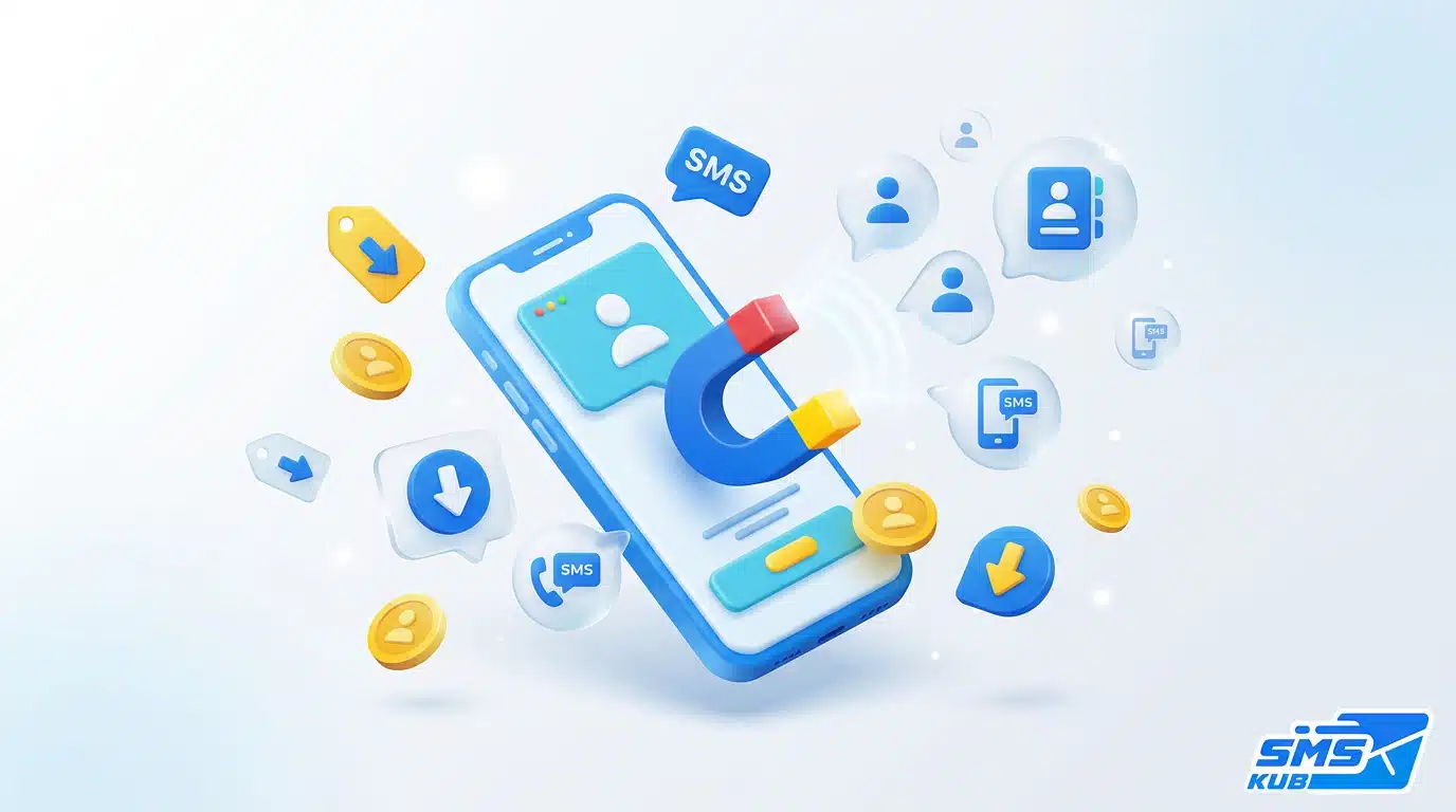 แม่เหล็กบนหน้าจอสมาร์ทโฟนกำลังดูดไอคอนรายชื่อและข้อความ SMS สื่อถึงเทคนิคเก็บเบอร์ลูกค้าต้นทุนต่ำ (CPL) เพื่อทำ SMS Marketing