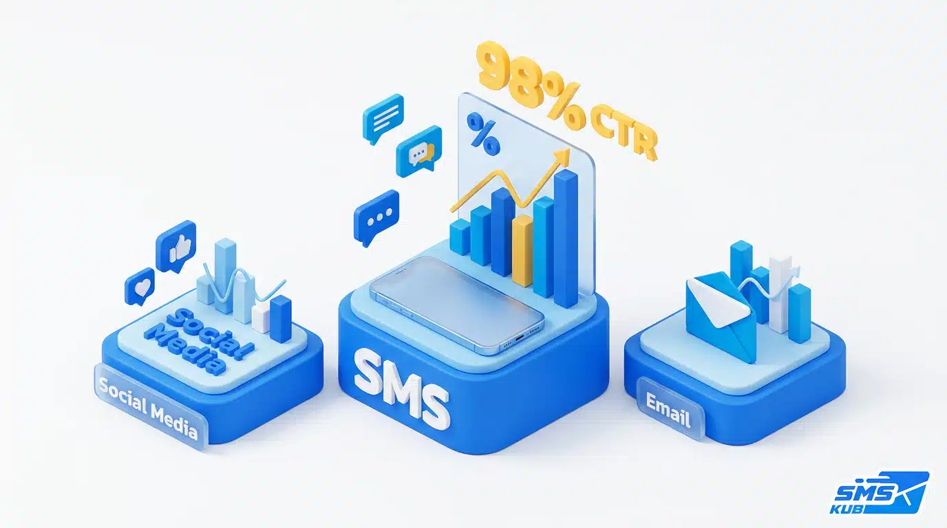 กราฟ 3D เปรียบเทียบค่า CTR สูงถึง 98% ของ SMS กับช่องทาง Social Media และ Email
