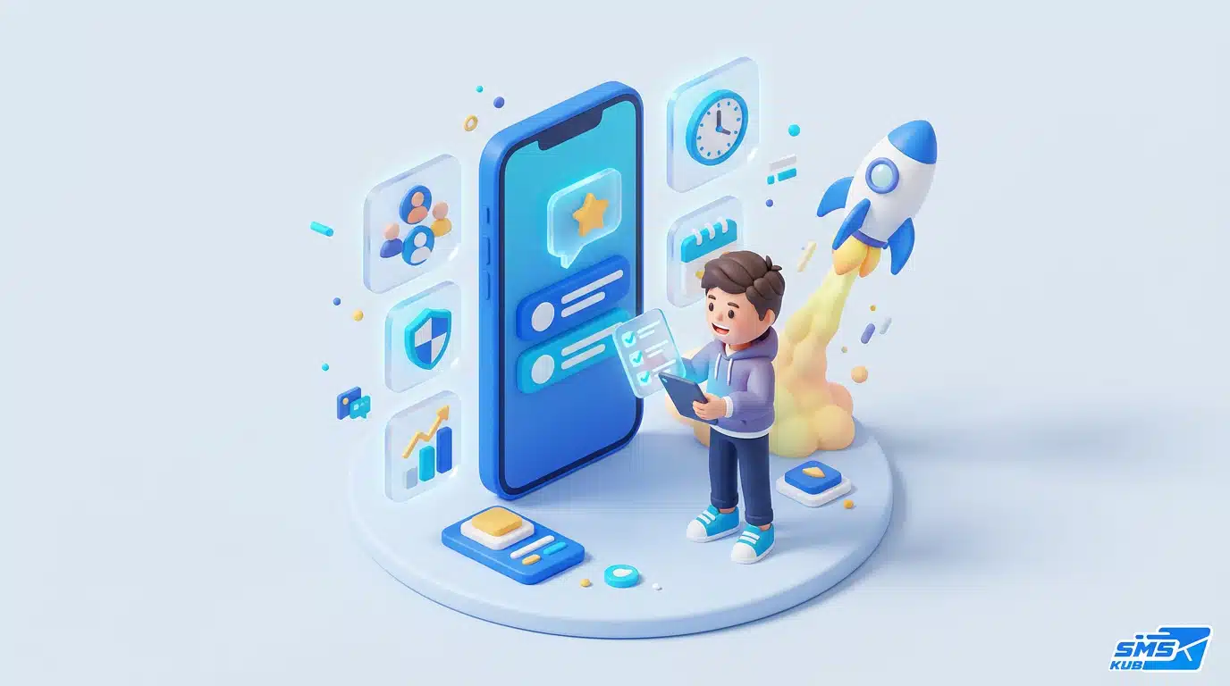 โมเดล 3D สมาร์ตโฟนและจรวดพุ่งทะยาน พร้อมเช็กลิสต์เตรียมทำ SMS Marketing เพิ่มยอดขาย