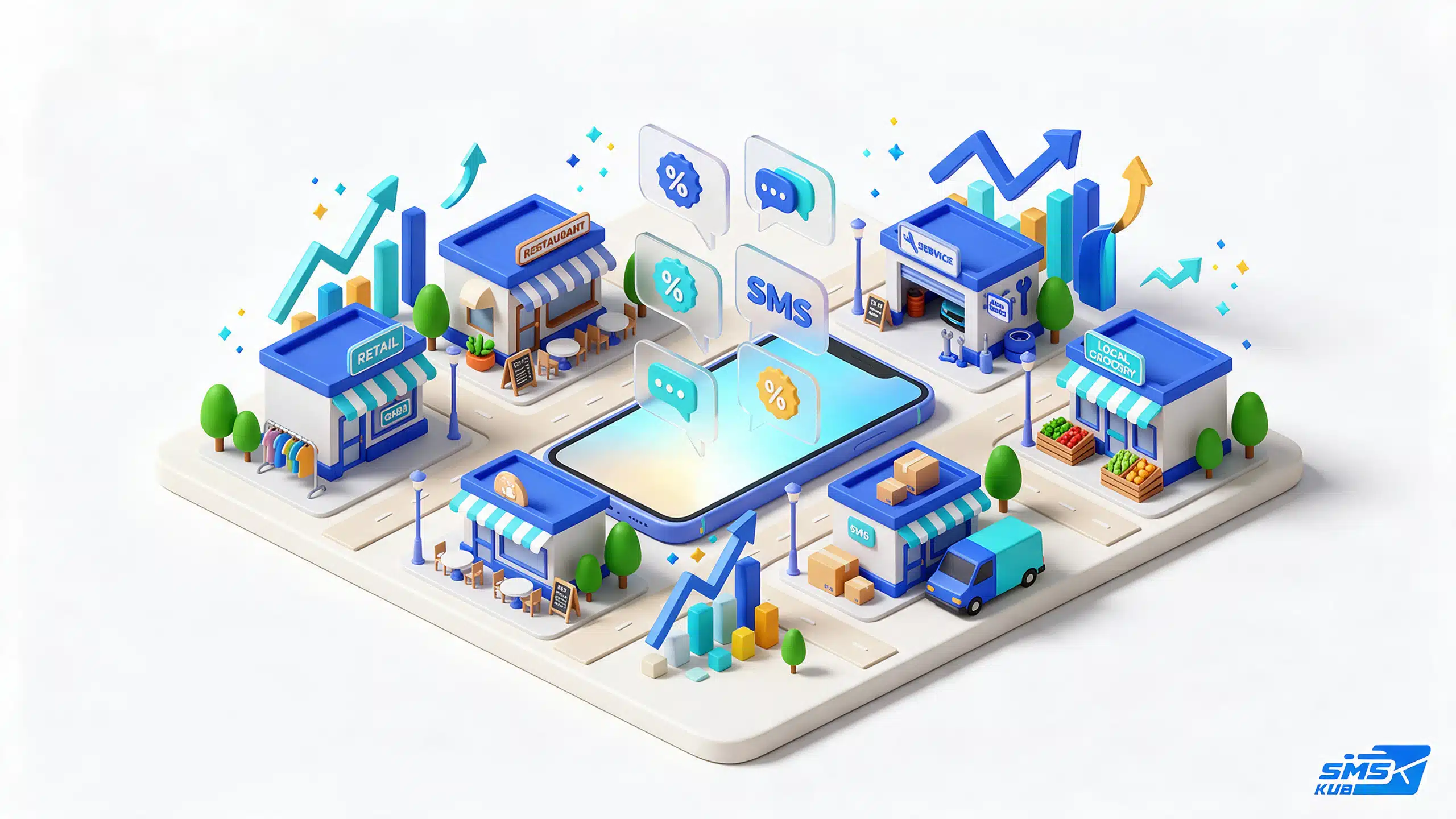 โมเดลจำลอง 3D แสดงการใช้ SMS Services เชื่อมโยงธุรกิจต่างๆ เช่น ร้านค้าปลีก ร้านอาหาร อู่ซ่อมรถ และร้านขายของชำ