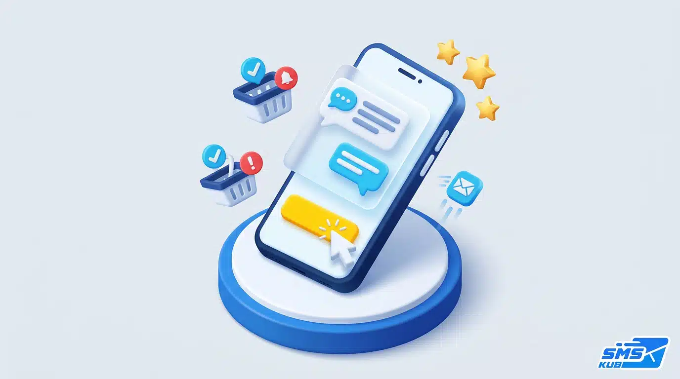 สมาร์ตโฟน 3D แสดงกล่องข้อความ Marketing Campaign พร้อมปุ่มกดคลิกซื้อและตะกร้าสินค้า